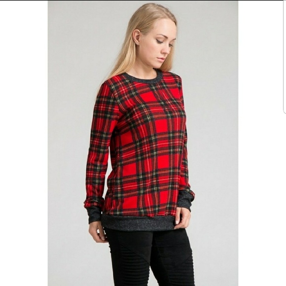 Sweaters - Red Plaid Crew Neck Sweatshirt
